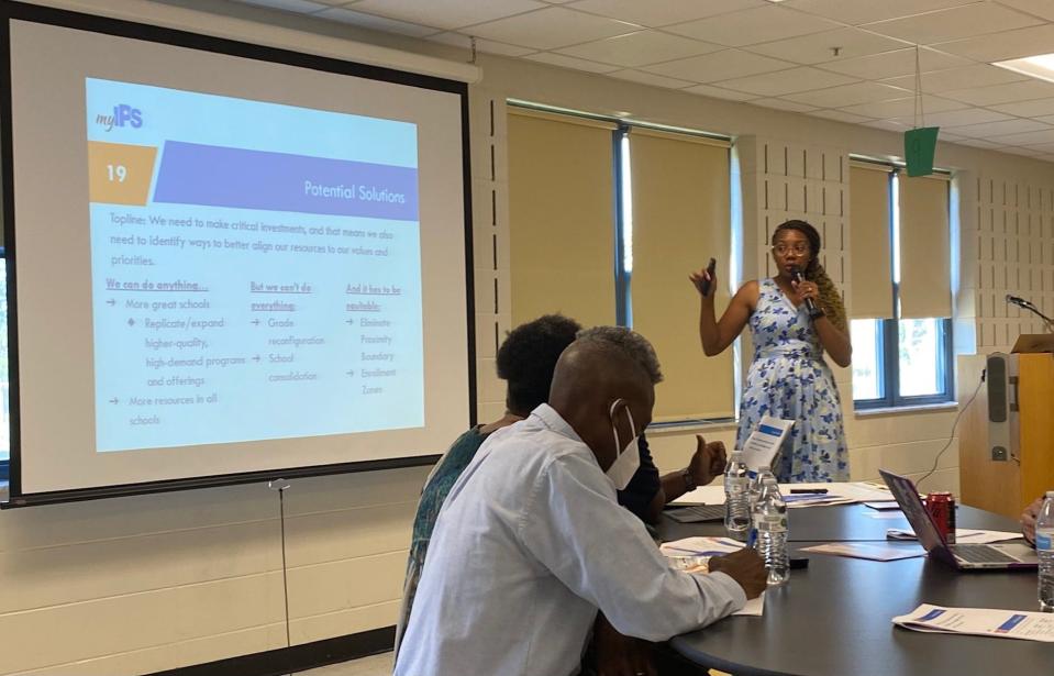 IPS Superintendent Aleesia Johnson presents potential solutions to community members at William Penn School 49 on Thursday, June 23, 2022. The solutions are an attempt solve the district's crumbling school infrastructure and close the gap on student achievement.