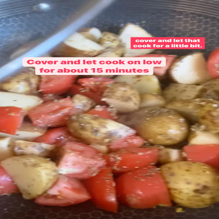 cooking the potatoes and tomatoes with the words 