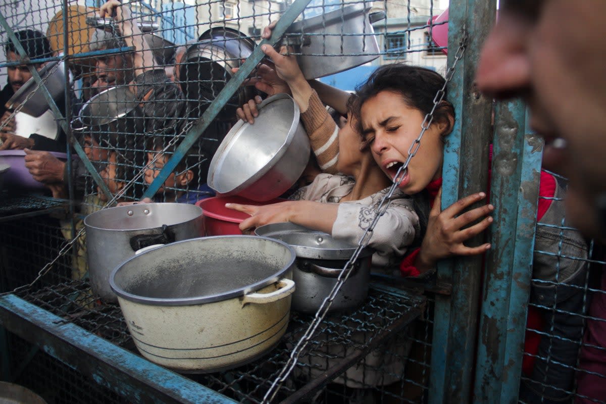 Palestinians line up to receive meals at Jabaliya refugee camp in the Gaza Strip in March. The head of the United Nations World Food Programme says northern Gaza has entered “full-blown famine” after nearly seven months of war between Israel and Hamas (AP)