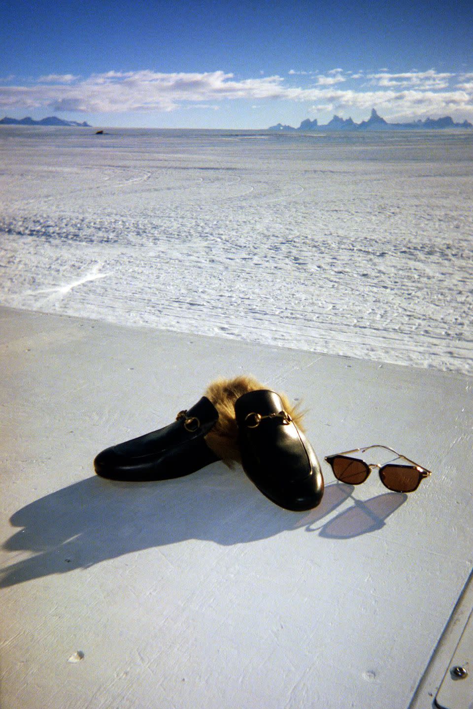 gucci slides and thom browne sunglasses in antarctica