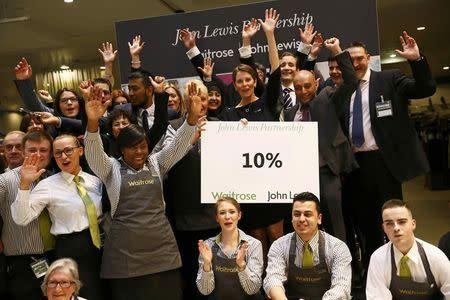 John Lewis and Waitrose employees react as their 2016 bonus is announced in central London, Britain March 10, 2016. REUTERS/Stefan Wermuth