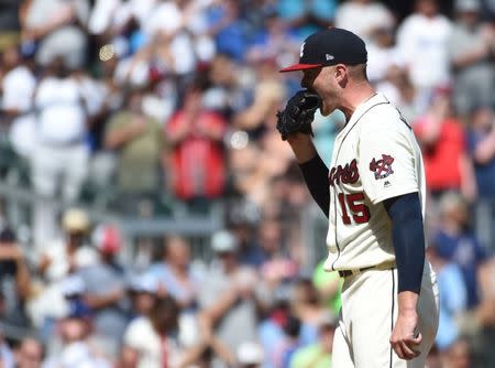 Jul 29, 2018; Atlanta, GA, USA; Atlanta Braves starting pitcher Sean Newcomb (15) reacts after giving up a no hitter against the Los Angeles Dodgers in the ninth inning at SunTrust Park. Mandatory Credit: Adam Hagy-USA TODAY Sports