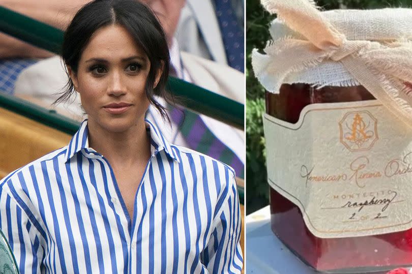 Split screen showing Meghan Markle next to a jar of her American Riviera Orchard jam