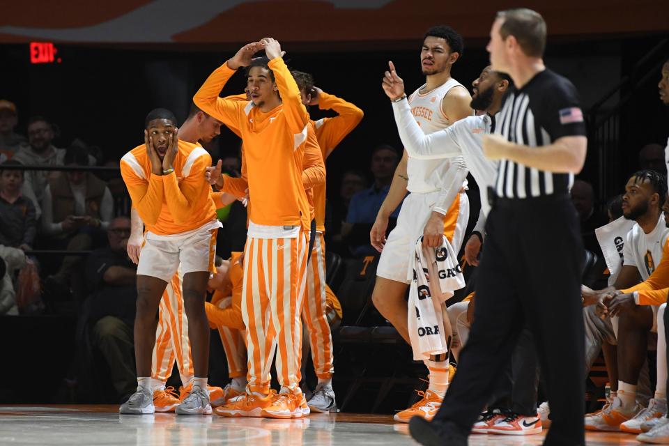 Tennessee reads to a call during an NCAA college basketball game between the Missouri Tigers and the Tennessee Volunteers in Thompson-Boling Arena in Knoxville, Saturday Feb. 11, 2023. 