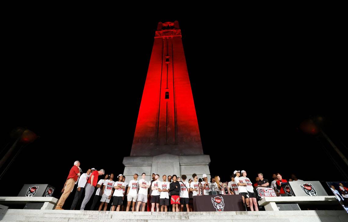 The N.C. State men’s and women’s basketball teams gathered at the Memorial Belltower Monday, April 15, 2024, for a celebration of both teams making the NCAA Tournament Final Four.