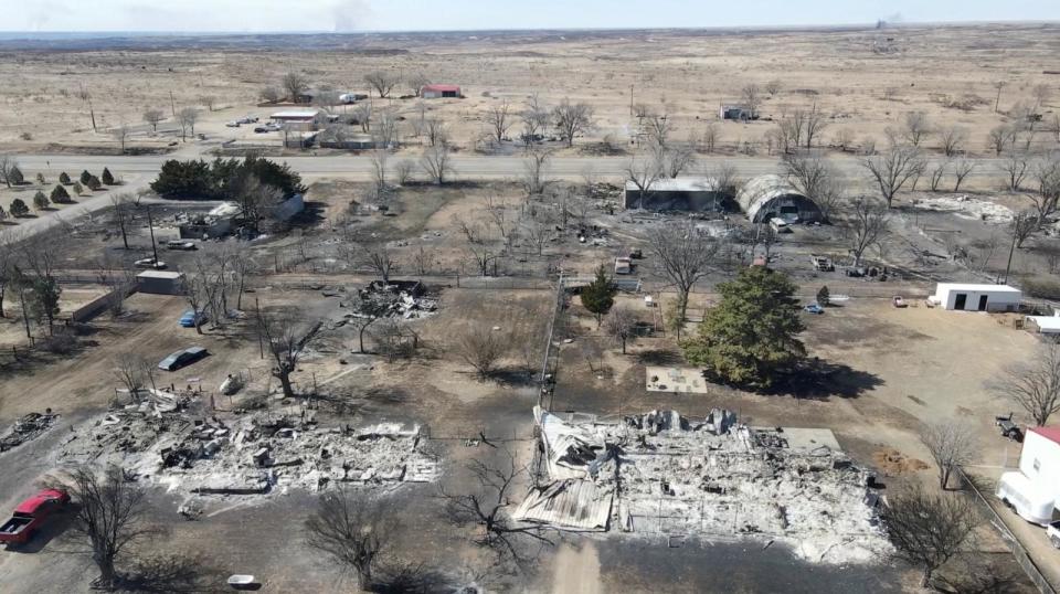 PHOTO: A drone view of buildings damaged by a wildfire in Stinnett, Texas, Feb. 28, 2024, in this screengrab obtained from a social media video. (Tucker Stroud via Reuters)