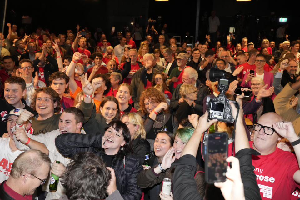 at a Labor Party event following the close of the polling places in Sydney, Australia, Saturday, May 21, 2022. Australians voted following a six-week election campaign that has focused on pandemic-fueled inflation, climate change and fears of a Chinese military outpost being established less than 1,200 miles off Australia's shore. (AP Photo/Rick Rycroft)