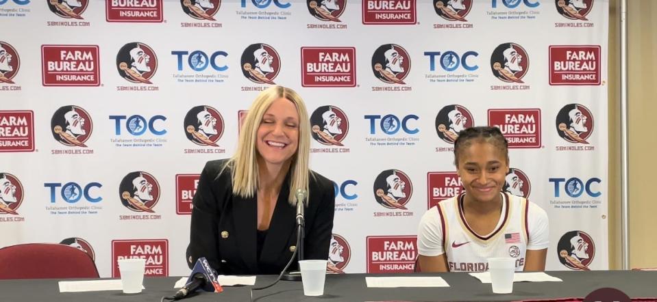 FSU women's basketball head coach Brooke Wyckoff and guard O'Mariah Gordon speak to media following in over Miami on Feb. 4, 2024.