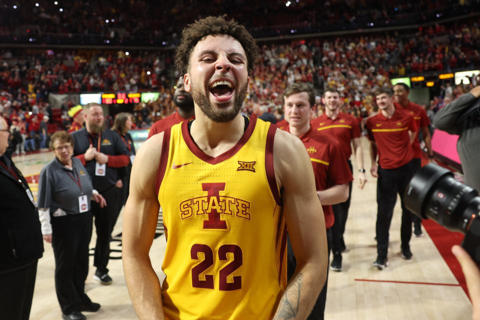 Iowa State Cyclones guard Gabe Kalscheur (22) celebrates after the win against the Kansas State Wildcats during the second half at James H. Hilton Coliseum. The Cyclones won 80-76.