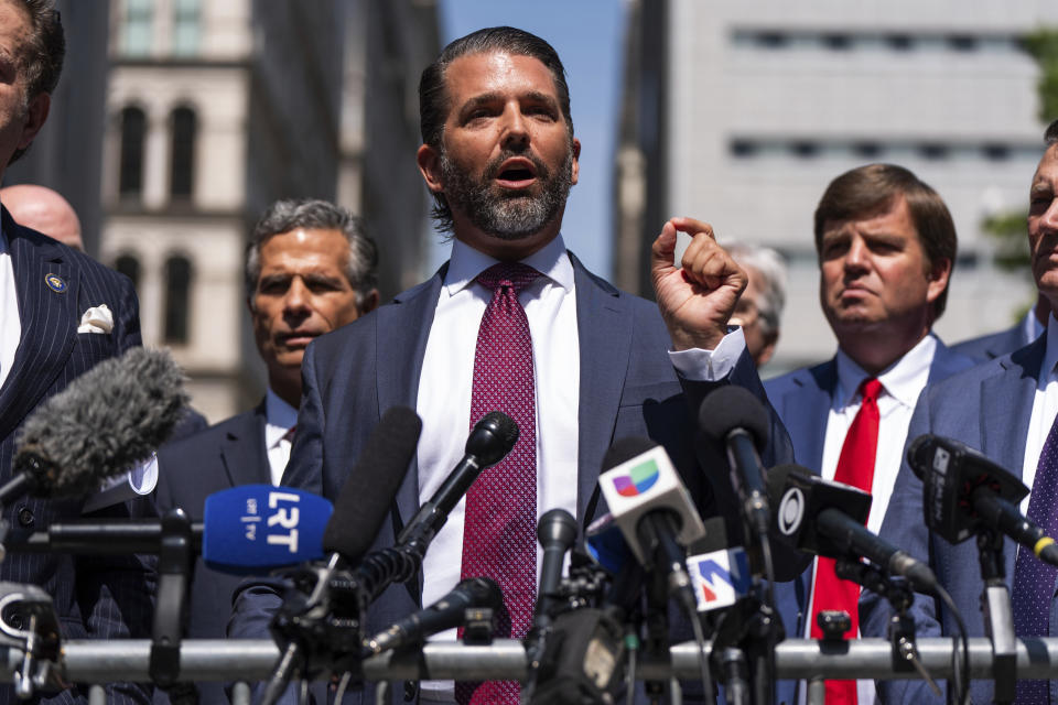 Donald Trump Jr. speaks outside Manhattan criminal court, Tuesday, May 21, 2024, in New York. (AP Photo/Julia Nikhinson)