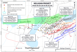 Nelligan drill hole plan map and highlighted 2020 assay results.