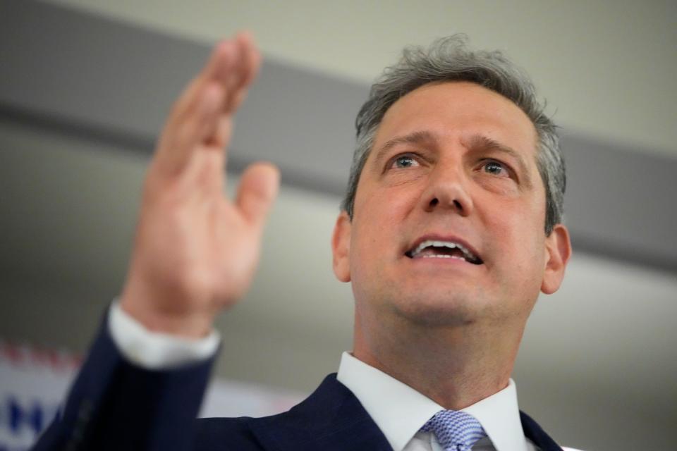 May 3, 2022; Columbus, Ohio, USA; U.S. Rep. Tim Ryan, a Democrat running for an Ohio U.S. Senate seat, speaks at the Firefighters Local 67 in Columbus after the polls closed on primary election day. Mandatory Credit: Adam Cairns-The Columbus Dispatch