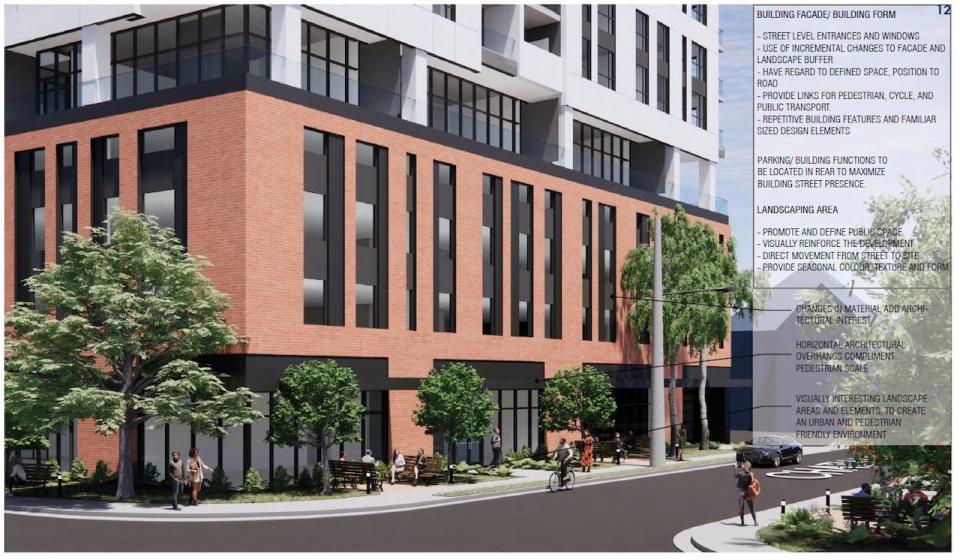 A computer rendering of the street-level building facade of the apartment building proposed for Caron Avenue at Chatham Street West.