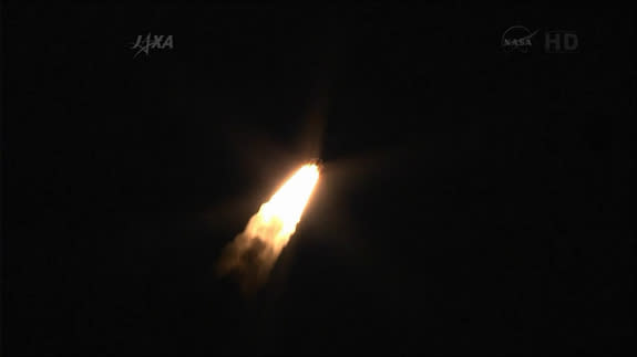 A Japanese H-2B rocket streaks toward orbit carrying the HTV-4 (Kounotori 4) robotic cargo ship to the International Space Station on Aug. 4, 2013 Japan Standard Time (Aug. 3, 2013 EDT/GMT) from Tanegashima Space Center in southern Japan.