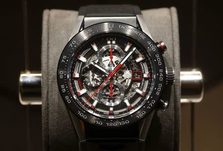 A Carrera Heuer 01 Automatic Chronograph watch of Swiss watch manufacturer TAG Heuer is displayed at Baselworld fair in Basel March 18, 2015. REUTERS/Arnd Wiegmann