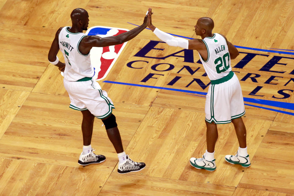 BOSTON, MA - JUNE 03: Kevin Garnett #5 and Ray Allen #20 of the Boston Celtics react in the first quarter against the Miami Heat in Game Four of the Eastern Conference Finals in the 2012 NBA Playoffs on June 3, 2012 at TD Garden in Boston, Massachusetts. (Photo by Jared Wickerham/Getty Images)