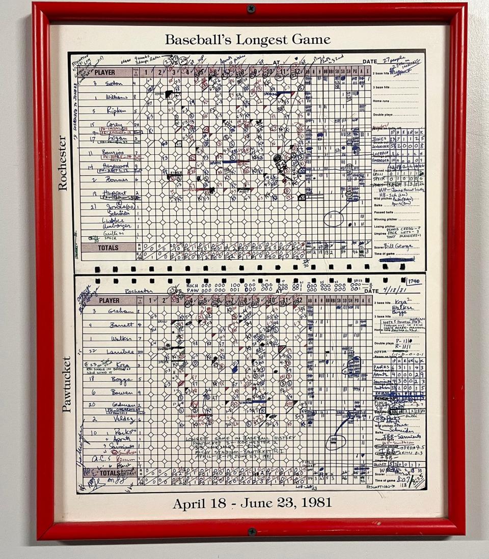 A scorecard from the longest game in professional baseball between the Pawtucket Red Sox and the Rochester Red Wings hangs on a wall inside Polar Park.