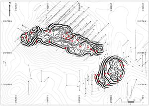 Candelones Oxide Pit Area showing historic drilling and collars of recent infill drilling