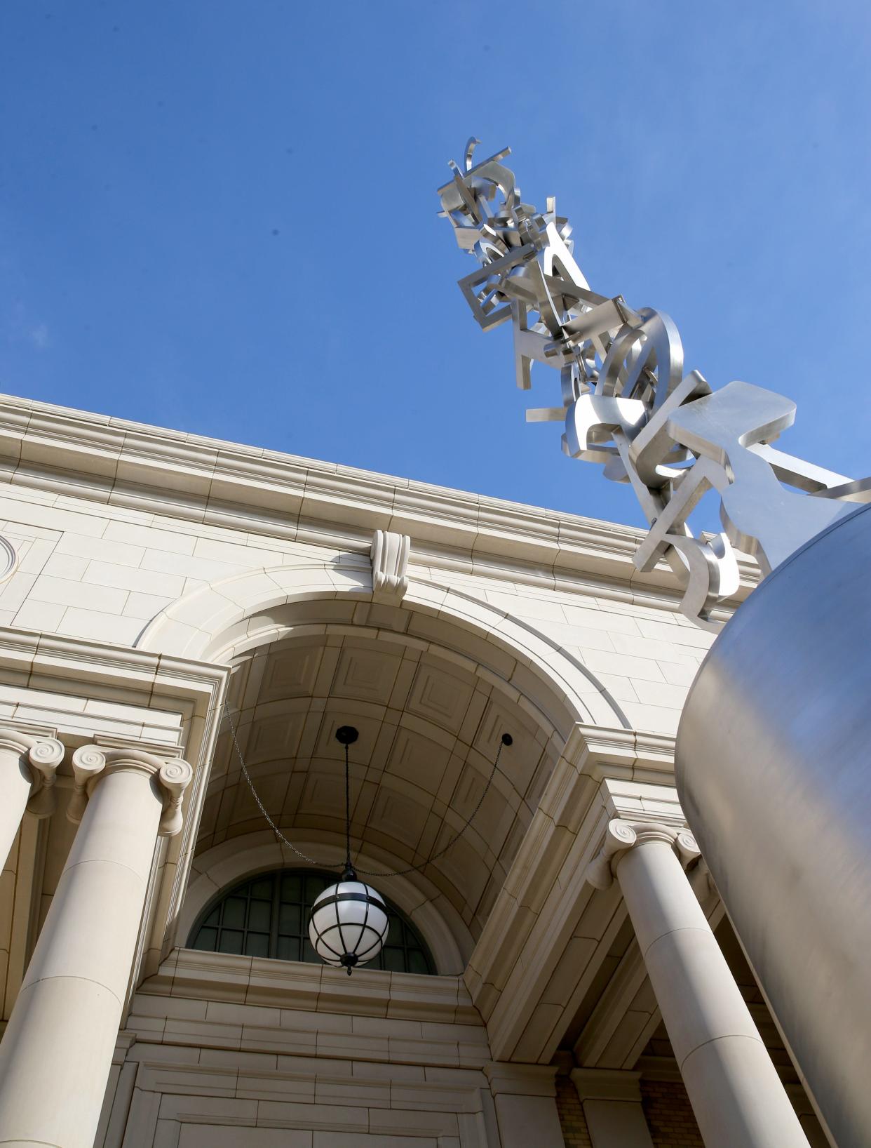 Jaume Plensa's stainless steel sculpture "Endless" marks the entrance to Notre Dame's new Raclin Murphy Museum of Art, seen on Nov. 16, 2023.