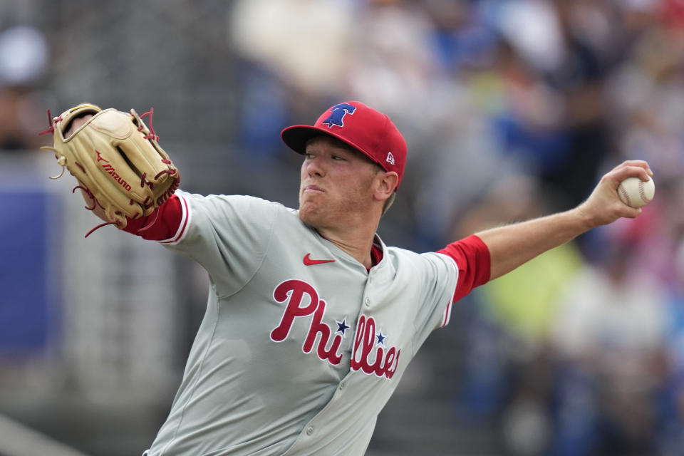 Philadelphia Phillies pitcher Kolby Allard throws in the fourth inning of a spring training baseball game against the Toronto Blue Jays Thursday, Feb. 29, 2024, in Dunedin, Fla. (AP Photo/Charlie Neibergall)