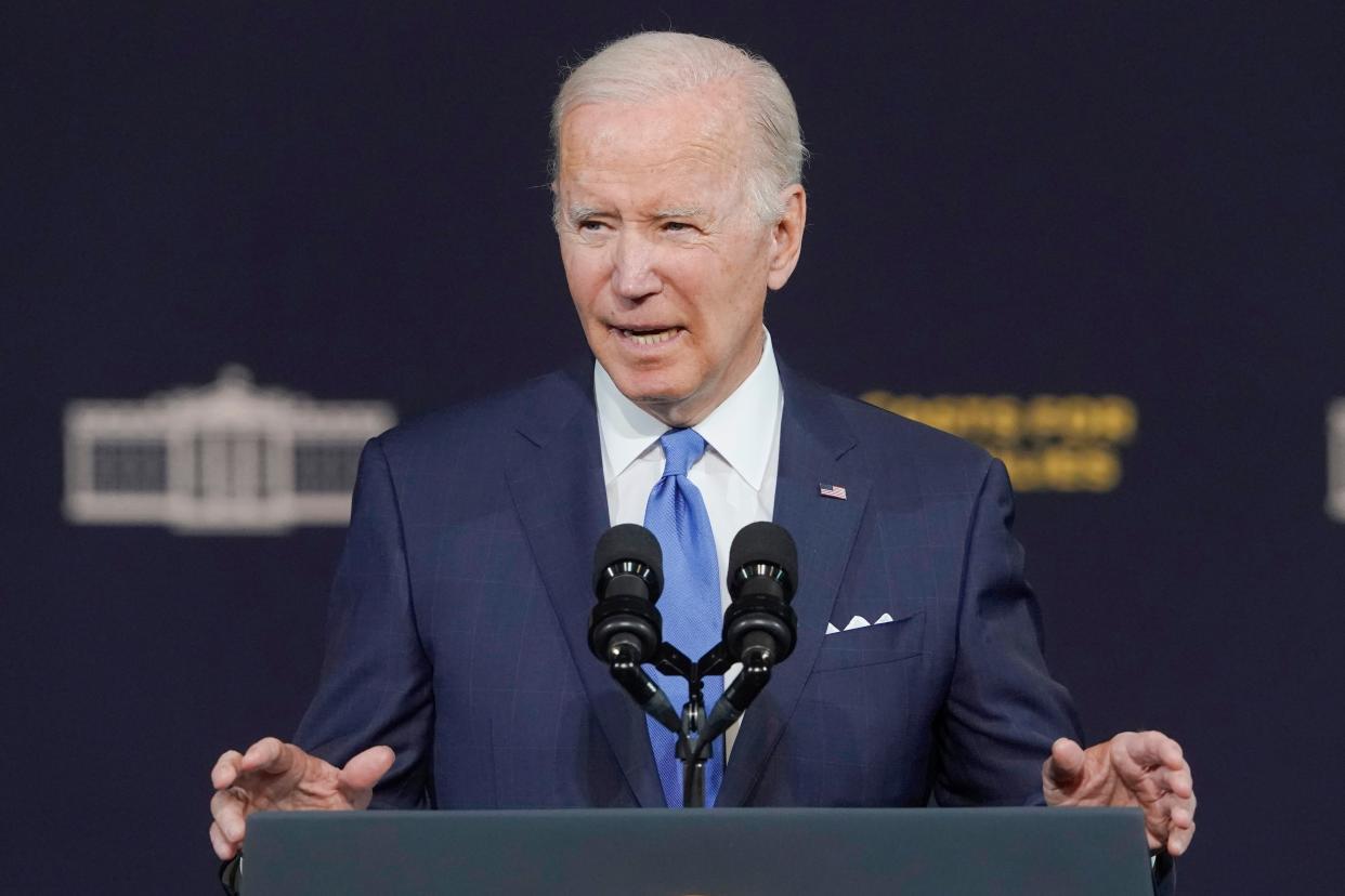 President Joe Biden speaks Friday, April 22, 2022, at Green River College in Auburn, Wash.