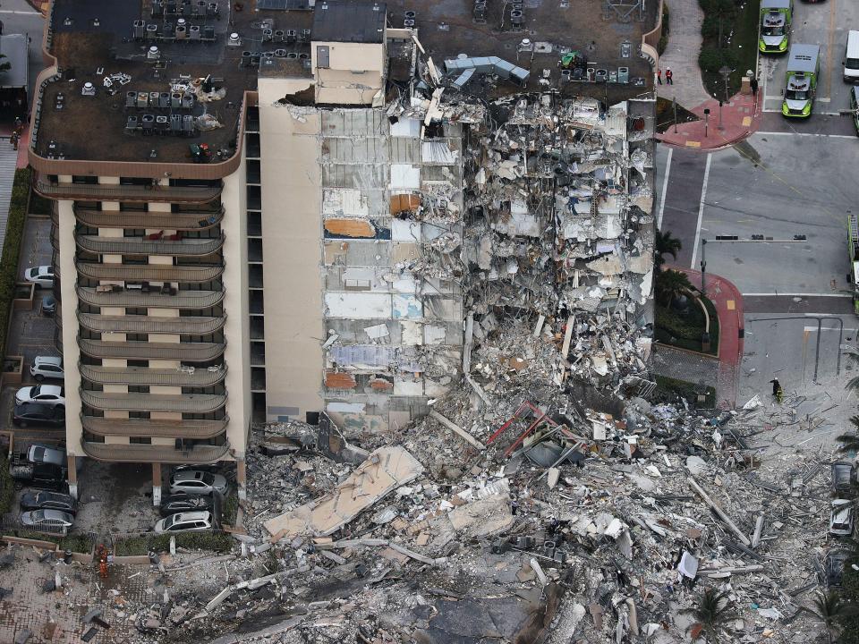 Aerial view of Building collapse in Surfside, Florida