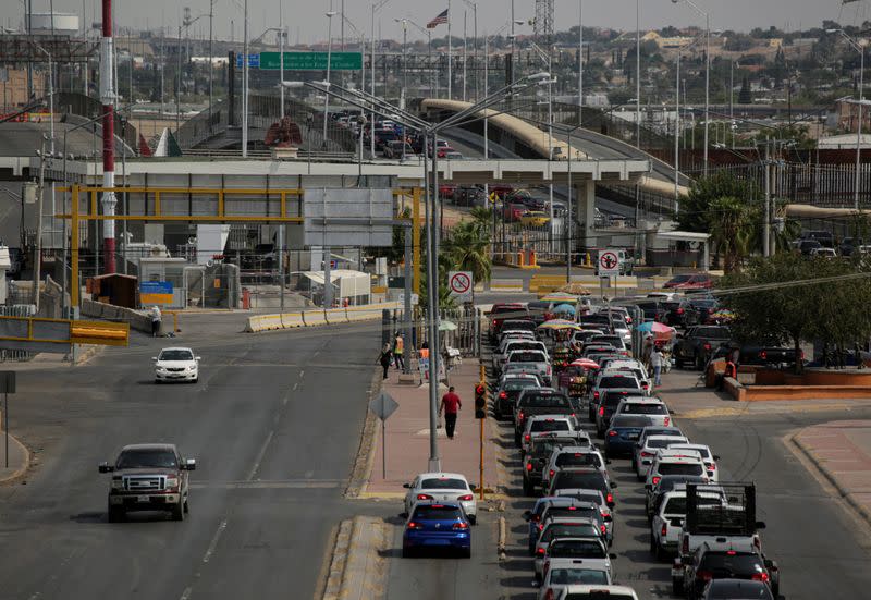 Cars stand in line at the Cordova International Bridge at the Mexico-U.S. border to enter into El Paso, Texas, in Ciudad Juarez