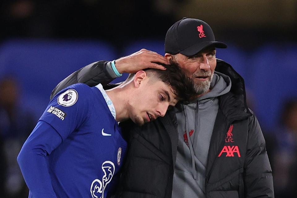 Kai Havertz comforted by compatriot Jurgen Klopp last night. (Getty Images)