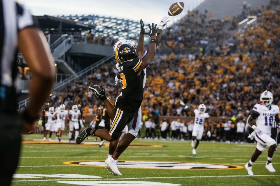 Missouri wide receiver Luther Burden III (3) attempts to catch a pass during the first half of the Tigers' game against Louisiana Tech on Thursday, Sept. 1, 2022, at Faurot Field.