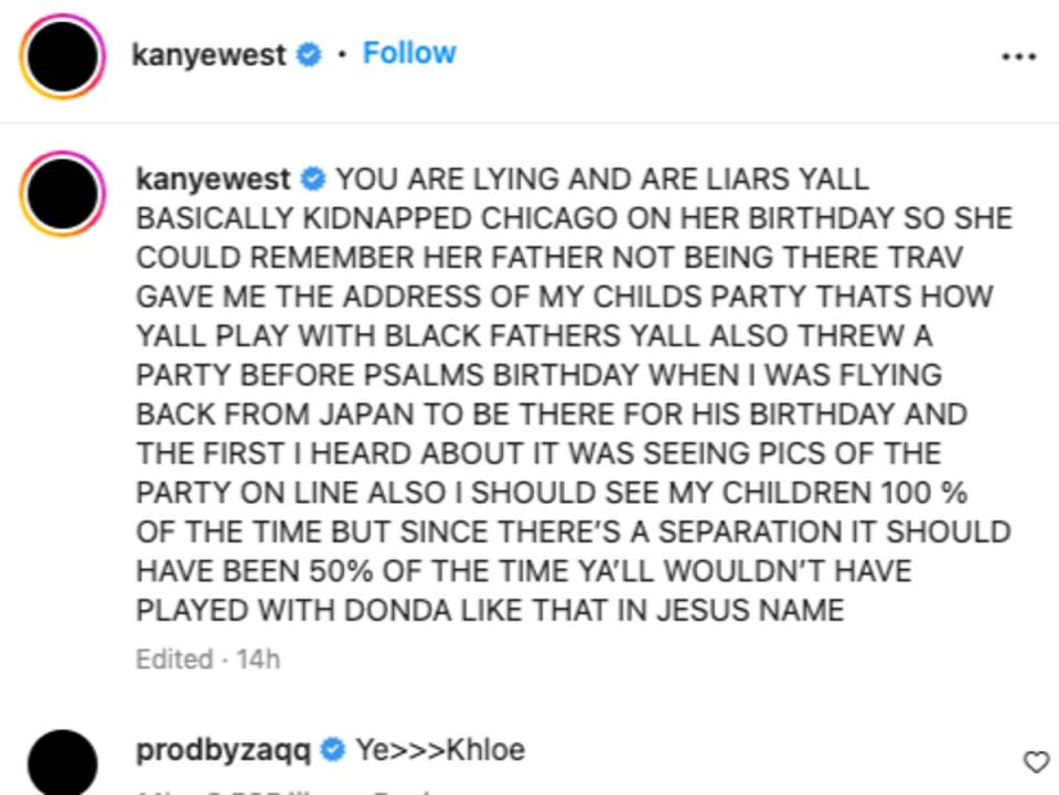 Kanye West’s Instagram in response to former sister-in-law Khloe Kardashian (Screengrab/Instagram)