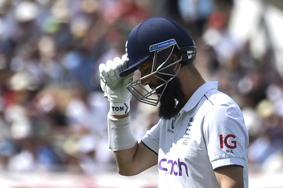 England's Moeen Ali leaves the pitch after being dismissed by Australia's Josh Hazlewood during day four of the first Ashes Test cricket match, at Edgbaston, Birmingham, England, Monday, June 19 2023. (AP Photo/Rui Vieira)