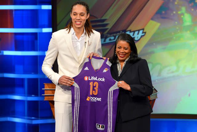 <p>Jesse D. Garrabrant/NBAE via Getty</p> WNBA President Laurel Richie poses with Brittney Griner after being drafted number one overall by the Phoenix Mercury during the 2013 WNBA Draft Presented By State Farm on April 15, 2013 at ESPN in Bristol, Connecticut.