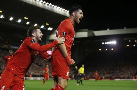 Football - Liverpool v Rubin Kazan - UEFA Europa League Group Stage - Group B - Anfield, Liverpool, England - 22/10/15 Emre Can celebrates scoring the first goal for Liverpool with Adam Lallana Reuters / Phil Noble