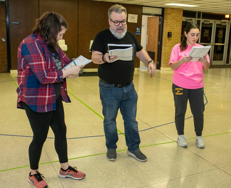 Sheboygan Theatre Company actors, from left, Tricia Roberts, Lorenz Marcus and Lola D'Aquisto rehearse their lines during rehearsal for “Into the Woods”, Wednesday, January 24, 2024, in Sheboygan, Wis.