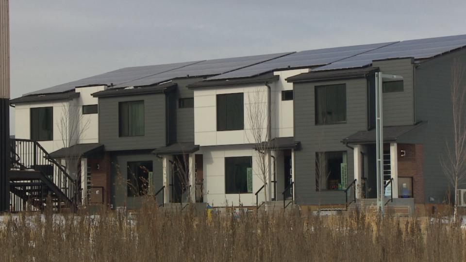 Solar panels cover multiple townhouses in Edmonton's Blatchford neighbourhood.