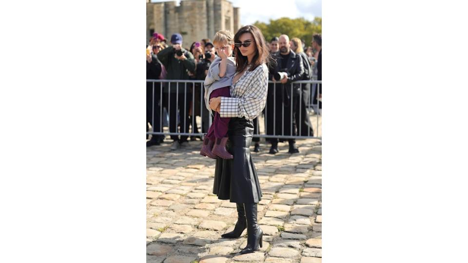 Emily Ratajkowski and Sylvester Apollo Bear attend the Loewe Paris Womenswear Spring-Summer 2025 show as part of Paris Fashion Week on September 27, 2024 in Paris, France. (Photo by Jacopo Raule/Getty Images)