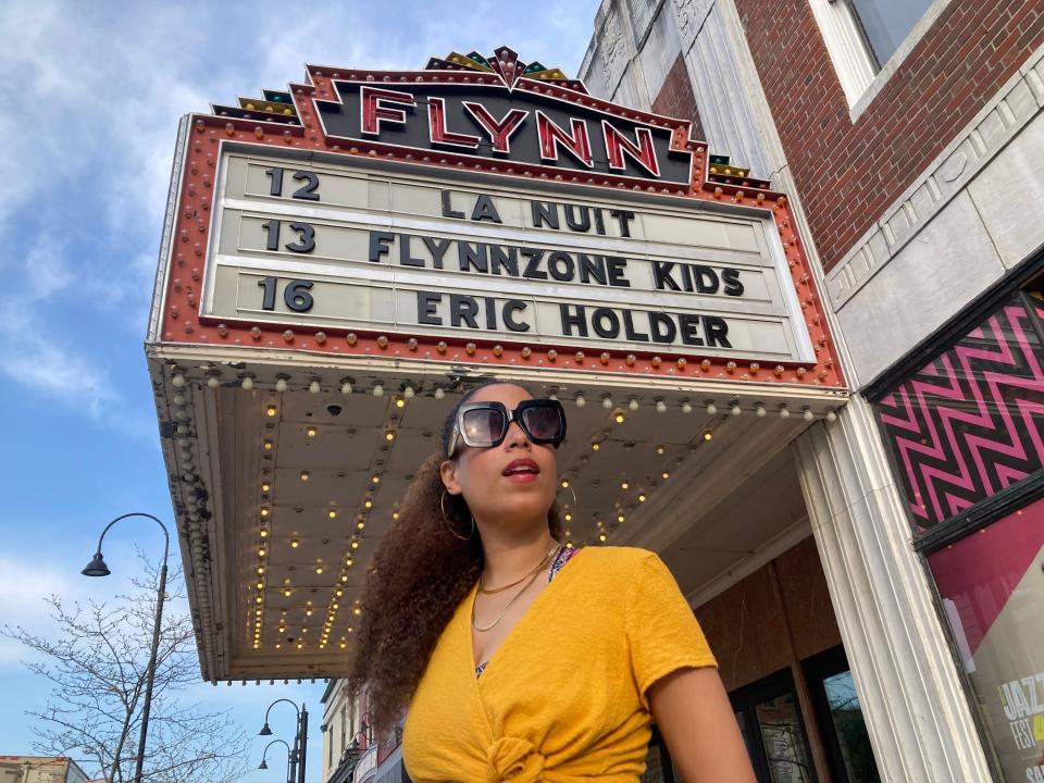 Vermont musician Myra Flynn stands near the Flynn in Burlington on May 11, 2023.