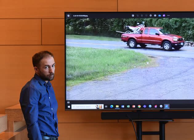 Pawel Gumienny, a former employee of Fotis Dulos, is shown surveillance video of his red Toyota Tacoma as he testifies on Feb. 7.