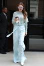 <p>In head-to-toe baby blue Sally LaPointe pants, matching top, Stuart Weitzman white booties and Le Specs x Adam Selman cat eye sunglasses while out in New York.</p>