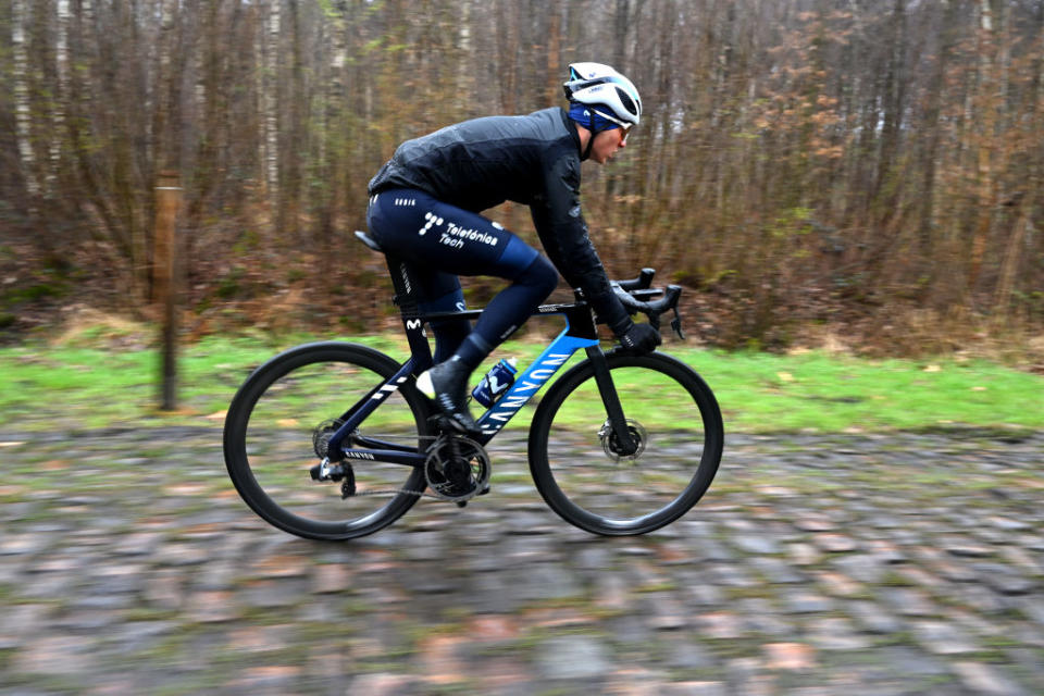 ROUBAIX FRANCE  APRIL 06 Juri Hollmann of Germany and Movistar Team during the ParisRoubaix 2023 Training Day 1  UCIWT  on April 06 2023 in Roubaix France Photo by Luc ClaessenGetty Images