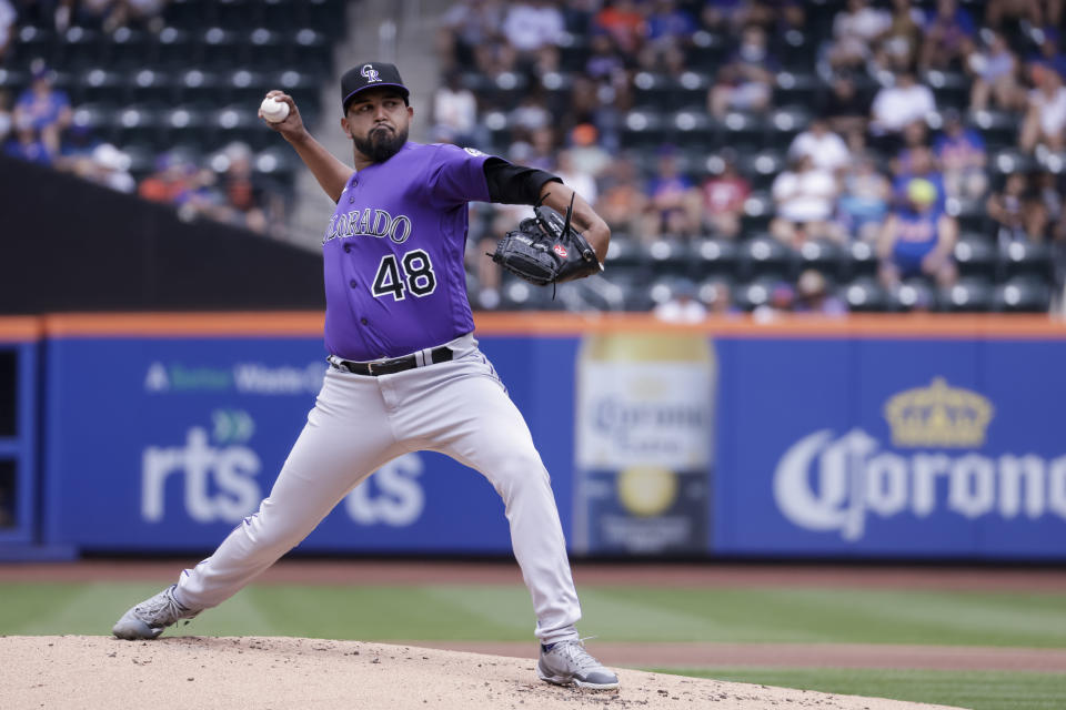 Colorado Rockies starting pitcher German Marquez throws in the first inning of a baseball game against the New York Mets, Sunday, August 28, 2022, in New York. (AP Photo/Corey Sipkin)