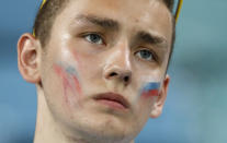 <p>A Russia fan reacts after Russia’s loss in the quarterfinal match between Russia and Croatia at the 2018 soccer World Cup in the Fisht Stadium, in Sochi, Russia, Saturday, July 7, 2018. (AP Photo/Darko Bandic) </p>