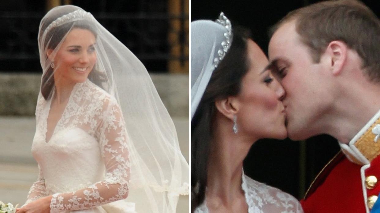  L-R: Kate Middleton in her wedding dress, Prince William and Kate Middleton kissing. 