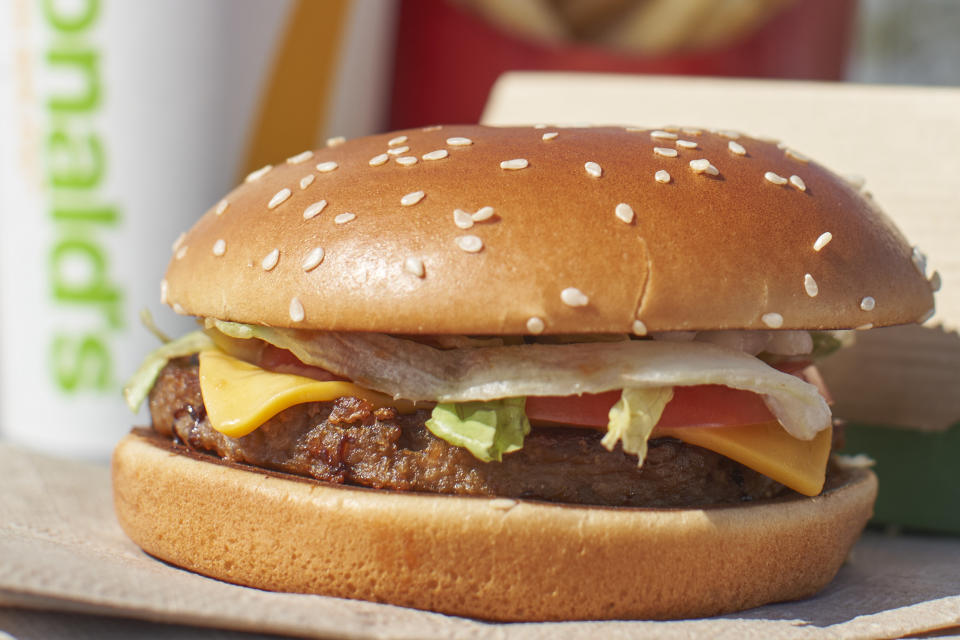 McDonalds new P.L.T. plant based burger is photographed outside of one of the companys test locations in London, Ontario on September 30, 2019. - The company is testing the new burger in 28 stores in Southern Ontario for the next 12 weeks. (Photo by Geoff Robins / AFP)        (Photo credit should read GEOFF ROBINS/AFP via Getty Images)