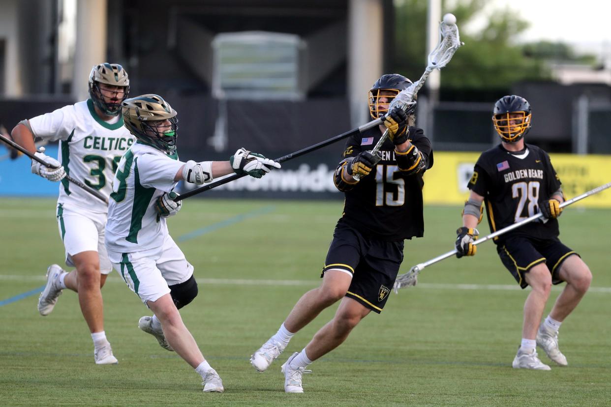 Dublin Jerome's Ethan Siddell, left, defends Upper Arlington's Tommy Janowicz during the 2022 Division I state final at Historic Crew Stadium. Janowicz scored twice that day as UA captured its 17th state title.