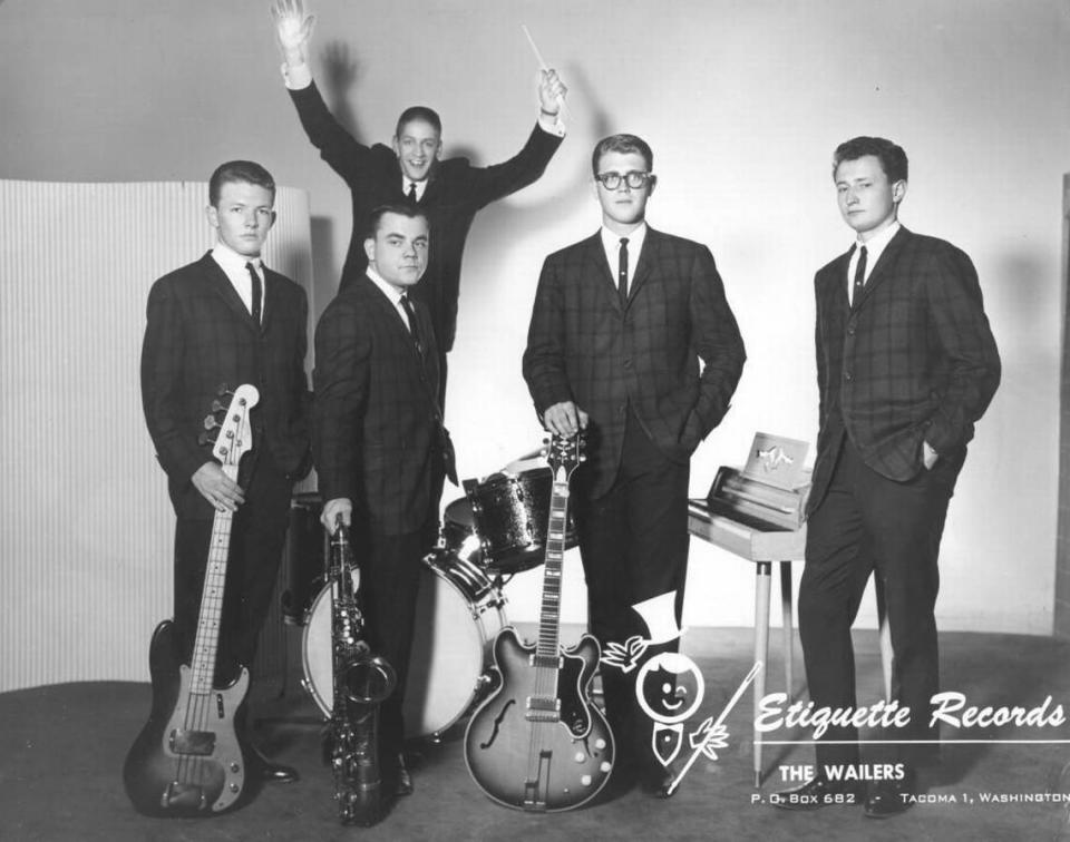 This publicity photograph of the Tacoma-based rock band The Wailers was taken in May of 1962 around the time they recorded their definitive version of “Louie, Louie” with Rockin’ Robin Roberts. From left: Buck Ormsby, Mark Marush, Mike Burk, Richard Dangel, Kent Morrill.