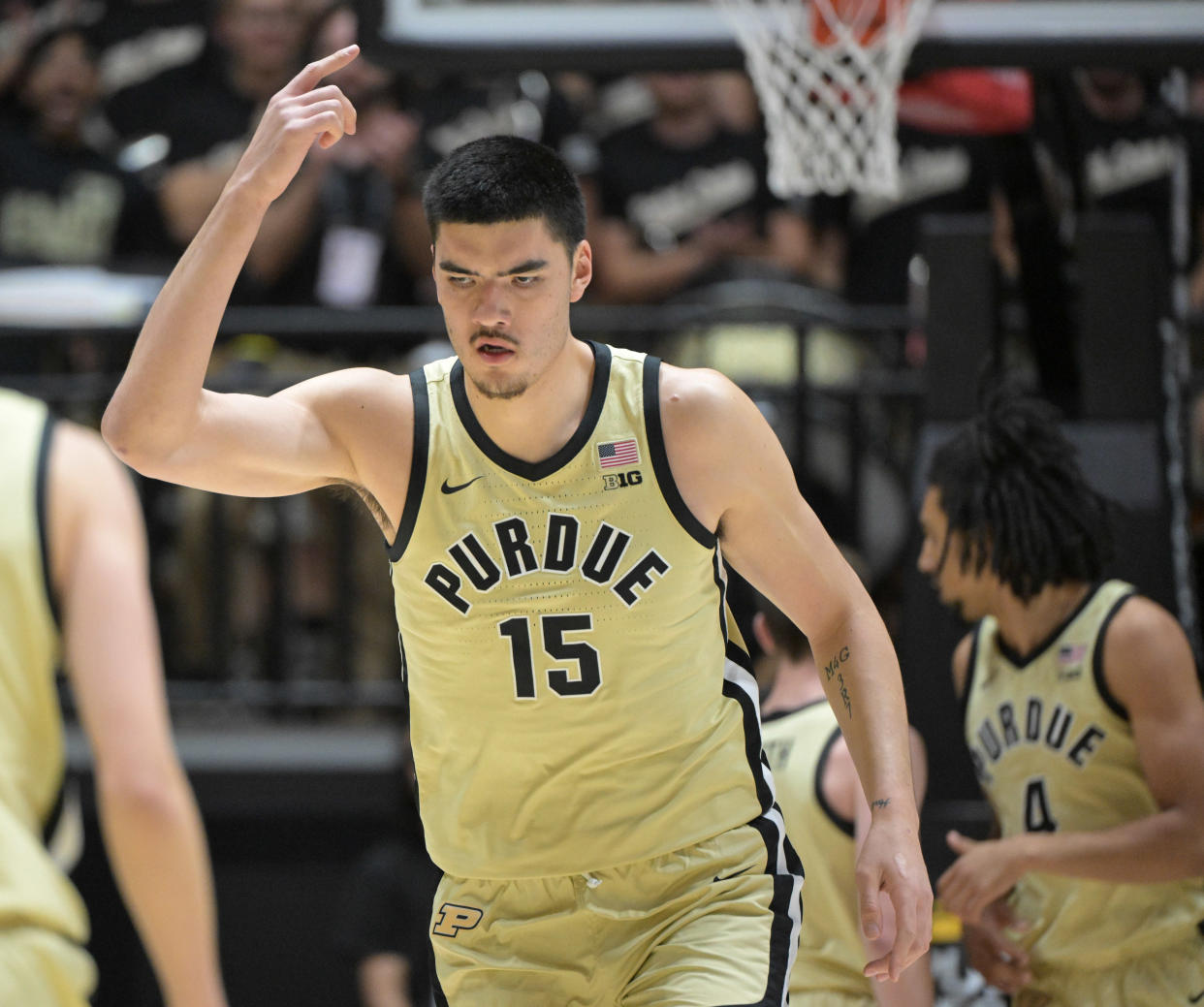 Nov 10, 2023; West Lafayette, Indiana, USA; Purdue Boilermakers center Zach Edey (15) celebrates a basket during the first half against the Morehead State Eagles at Mackey Arena. Mandatory Credit: Marc Lebryk-USA TODAY Sports
