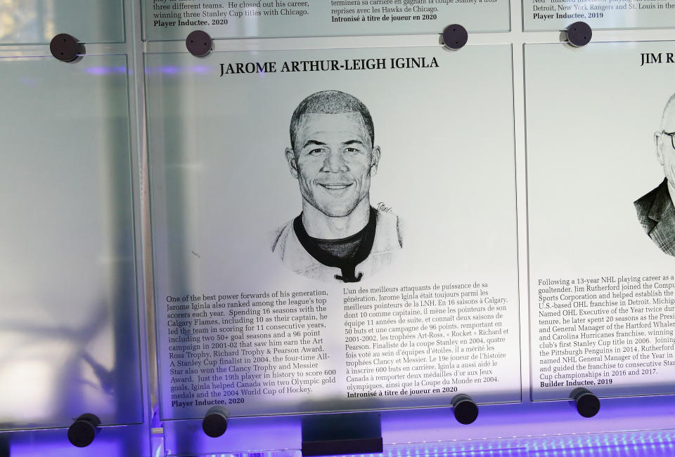 TORONTO, ONTARIO - NOVEMBER 12: A plaque for the Hall&#39;s newest inductee Jarome Iginla hangs in the Great Hall at the Hockey Hall Of Fame on November 12, 2021 in Toronto, Ontario, Canada. (Photo by Bruce Bennett/Getty Images)