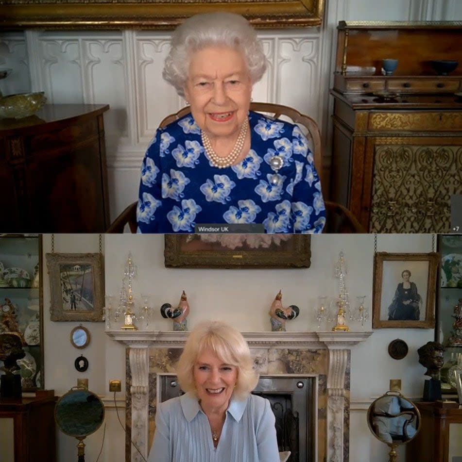 Queen Elizabeth II during a video call with the Duchess of Cornwall to thank volunteers from the Royal Voluntary Service -  Buckingham Palace/PA