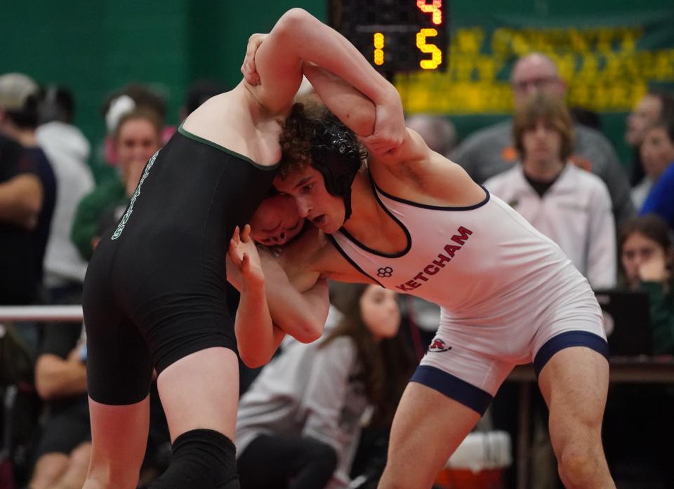 Ketcham's Matt Masch wrestles Ponaganset's Jason Hood in the 145-pound semifinal match during day 2 of the 2023 Eastern States Classic wrestling tournament at SUNY Sullivan in Loch Sheldrake on Saturday, January 14, 2023.